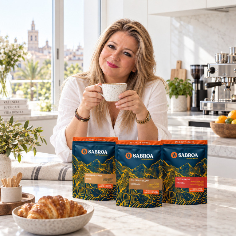 Juana María disfruta una taza junto al pack Primer Flechazo en una cocina blanca con mármol