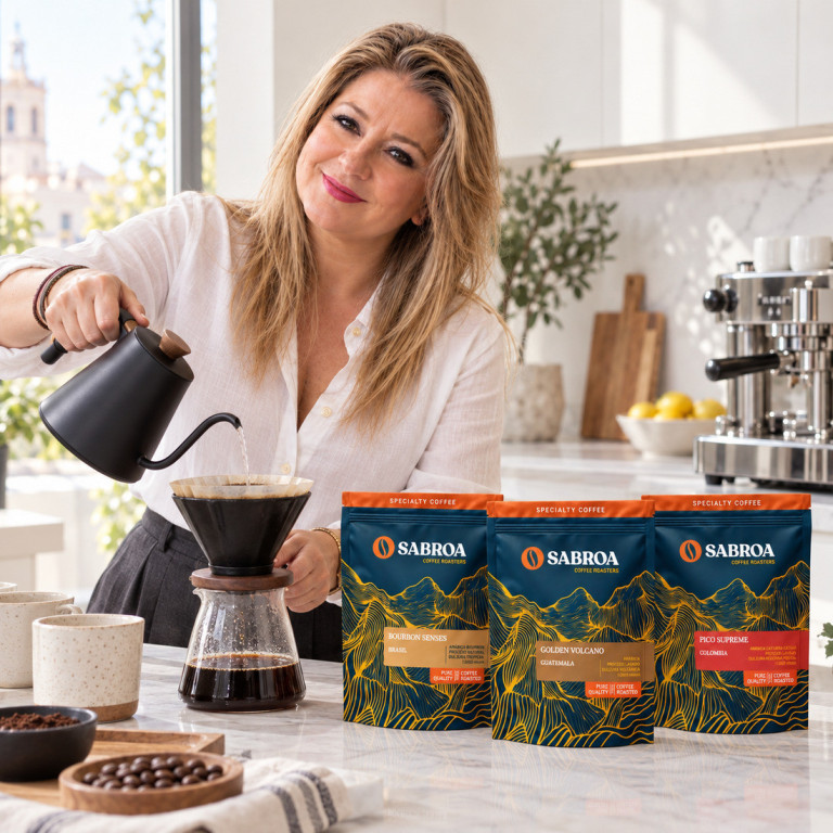Juana María prepara café junto al pack Primer Flechazo en una cocina blanca con mármol