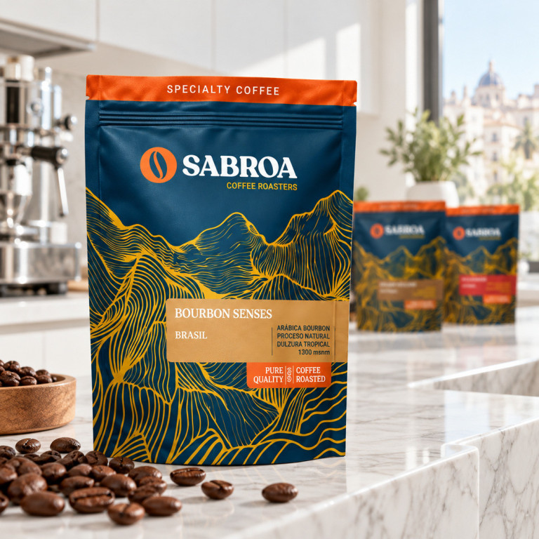 Detalle del envase y de los granos de café del pack Primer Flechazo en una cocina blanca con mármol