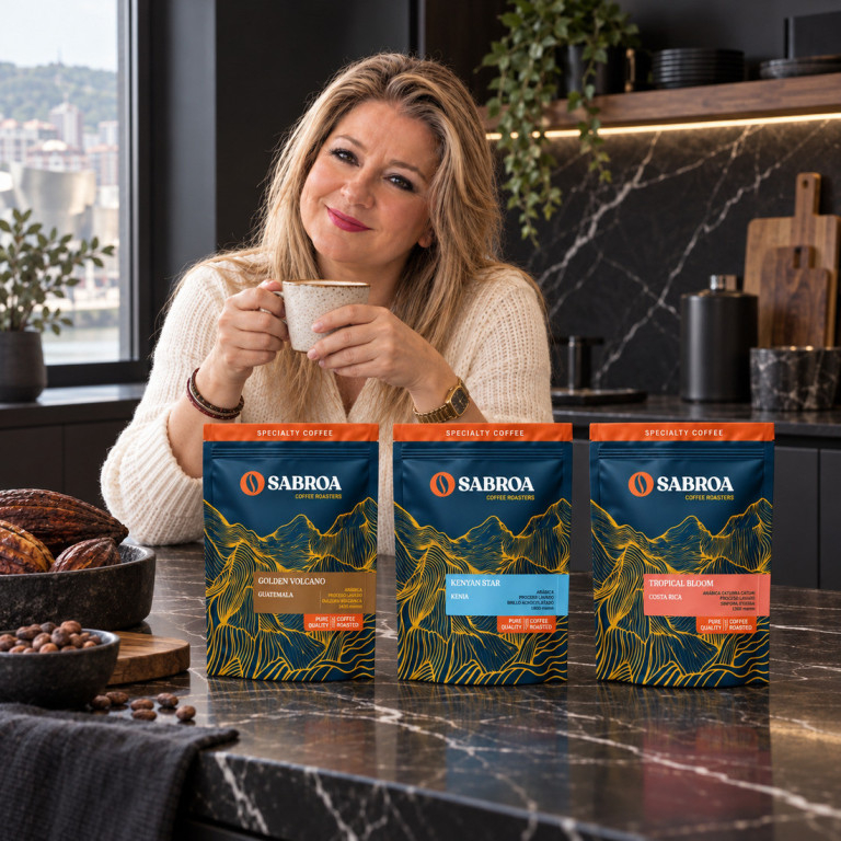 Juana María disfruta una taza junto al pack Ruta del Cacao en una cocina negra con mármol oscuro