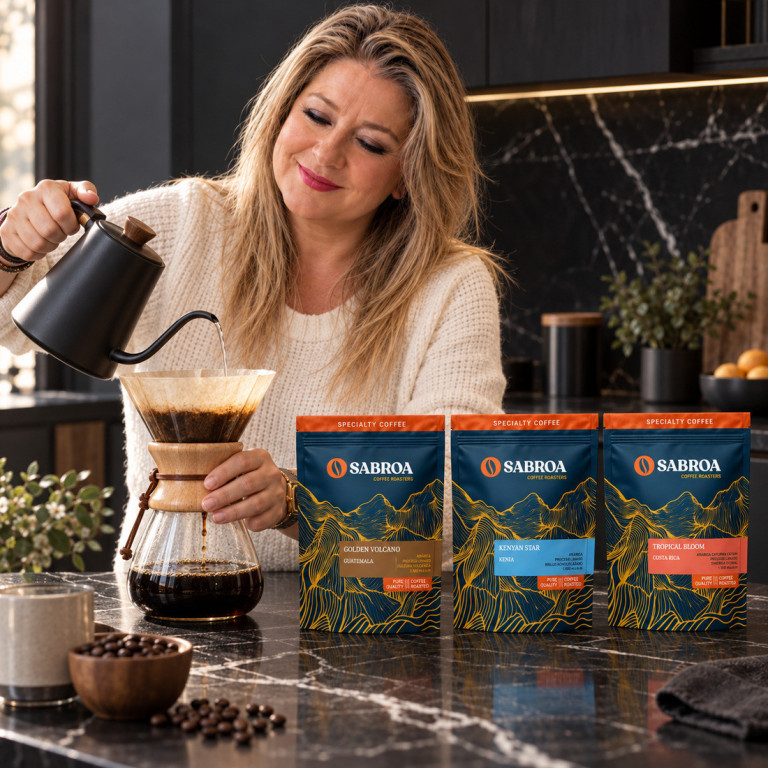 Juana María prepara café junto al pack Ruta del Cacao en una cocina negra con mármol oscuro