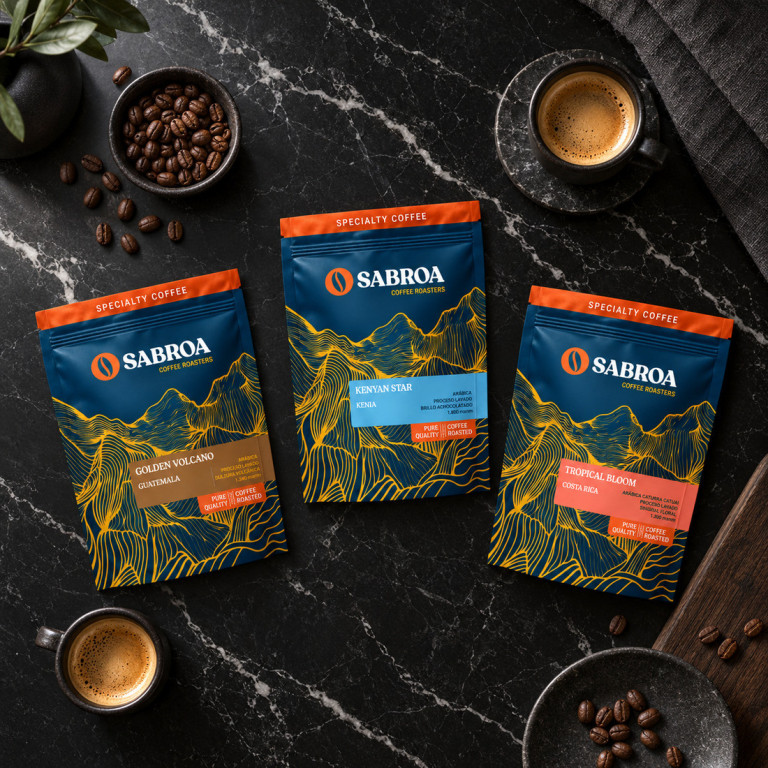 Vista cenital de las bolsas que incluye el pack Ruta del Cacao en una cocina negra con mármol oscuro