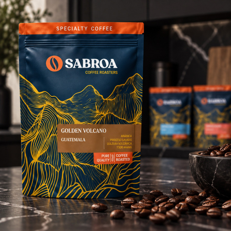 Detalle del envase y de los granos de café del pack Ruta del Cacao en una cocina negra con mármol oscuro