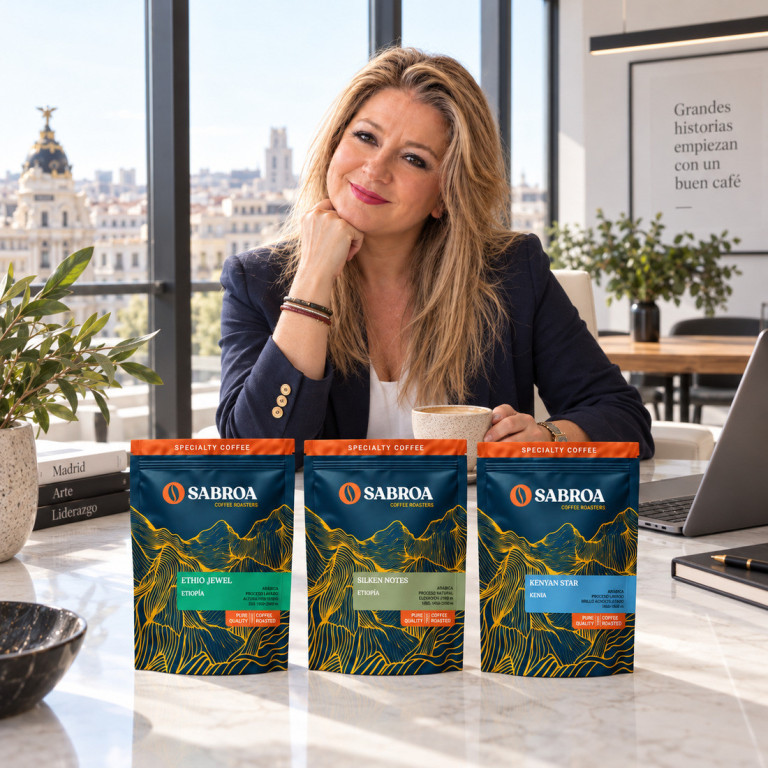 Juana María disfruta una taza junto al pack África en Voz Alta en una oficina con ventanales en Madrid