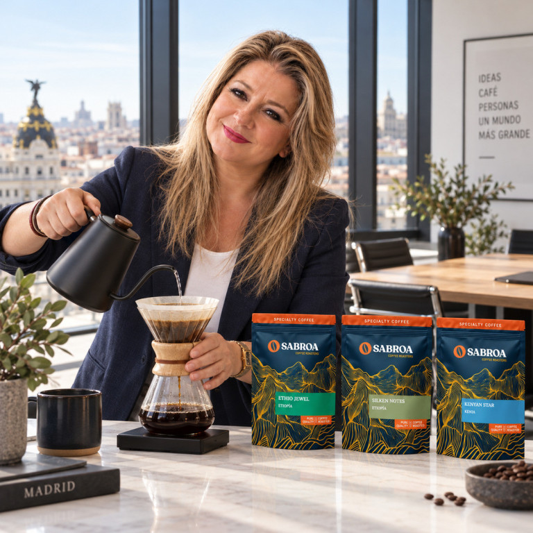 Juana María prepara café junto al pack África en Voz Alta en una oficina con ventanales en Madrid