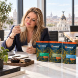 Juana María compara dos cafés junto al pack África en Voz Alta en una oficina con ventanales en Madrid