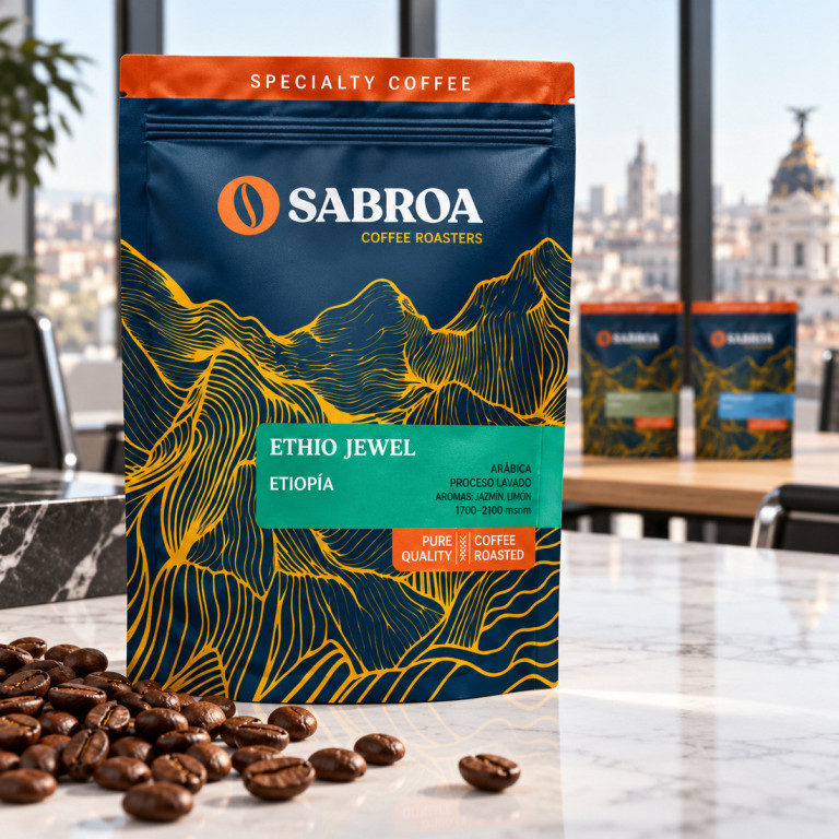 Detalle del envase y de los granos de café del pack África en Voz Alta en una oficina con ventanales en Madrid