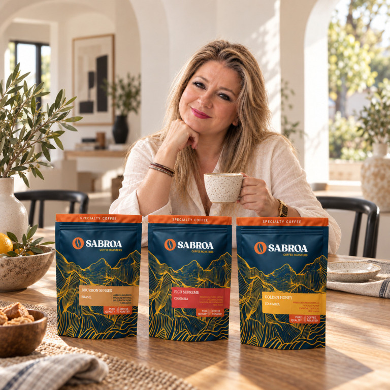 Juana María disfruta una taza junto al pack Dulce Sobremesa en un comedor mediterráneo con mesa de madera