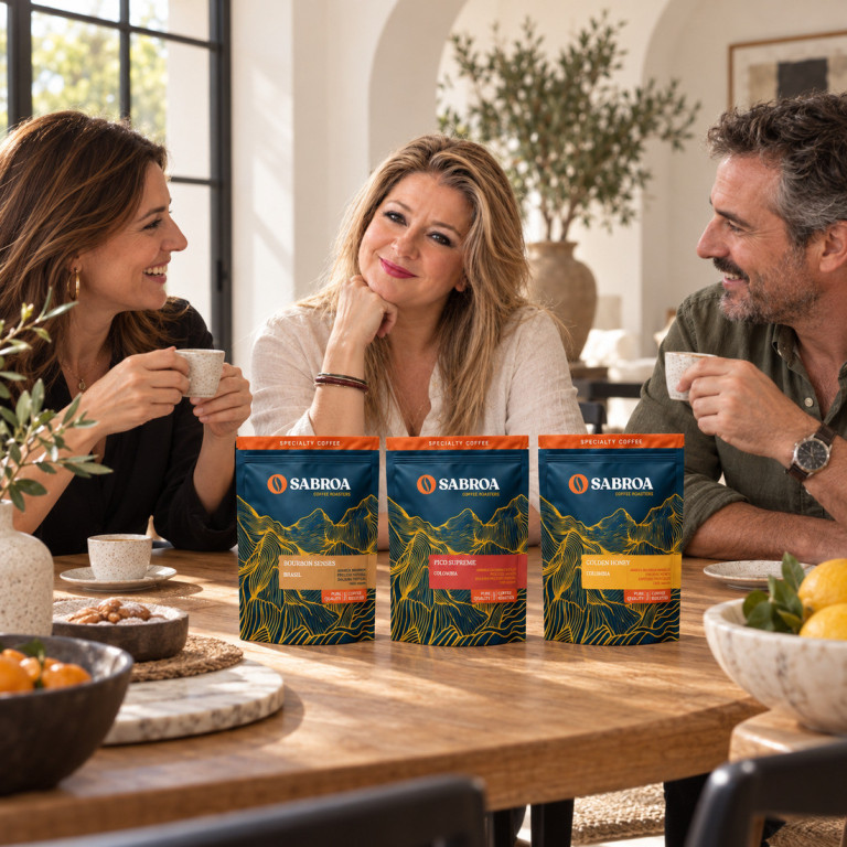Juana María comparte café con dos amigos junto al pack Dulce Sobremesa en un comedor mediterráneo con mesa de madera