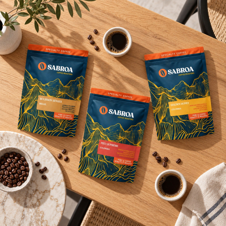 Vista cenital de las bolsas que incluye el pack Dulce Sobremesa en un comedor mediterráneo con mesa de madera
