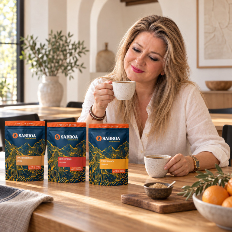 Juana María compara dos cafés junto al pack Dulce Sobremesa en un comedor mediterráneo con mesa de madera