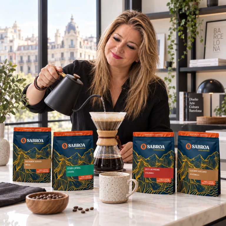 Juana María prepara café junto al pack Pasaporte de Sabor en un estudio urbano en Barcelona