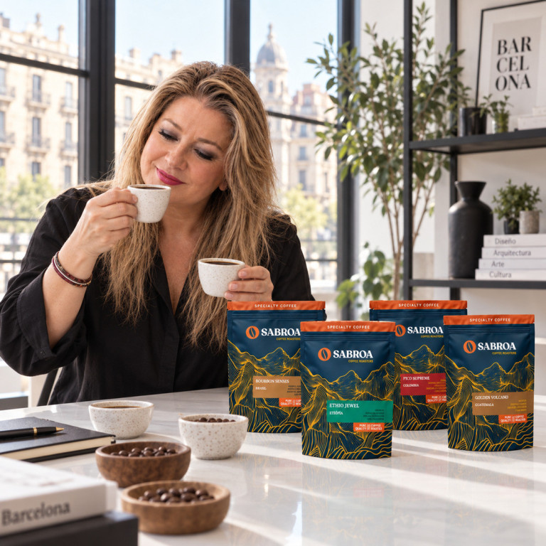 Juana María compara dos cafés junto al pack Pasaporte de Sabor en un estudio urbano en Barcelona