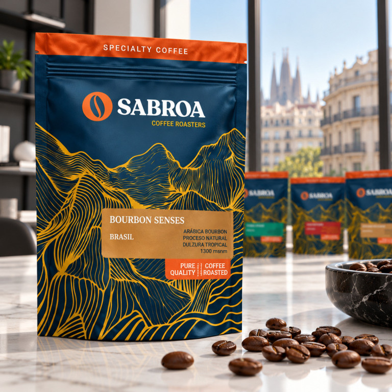 Detalle del envase y de los granos de café del pack Pasaporte de Sabor en un estudio urbano en Barcelona