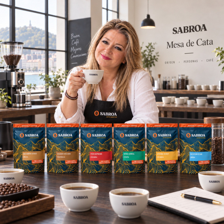 Juana María disfruta una taza junto al pack Mesa de Cata en un espacio de cata con mesa de nogal oscuro
