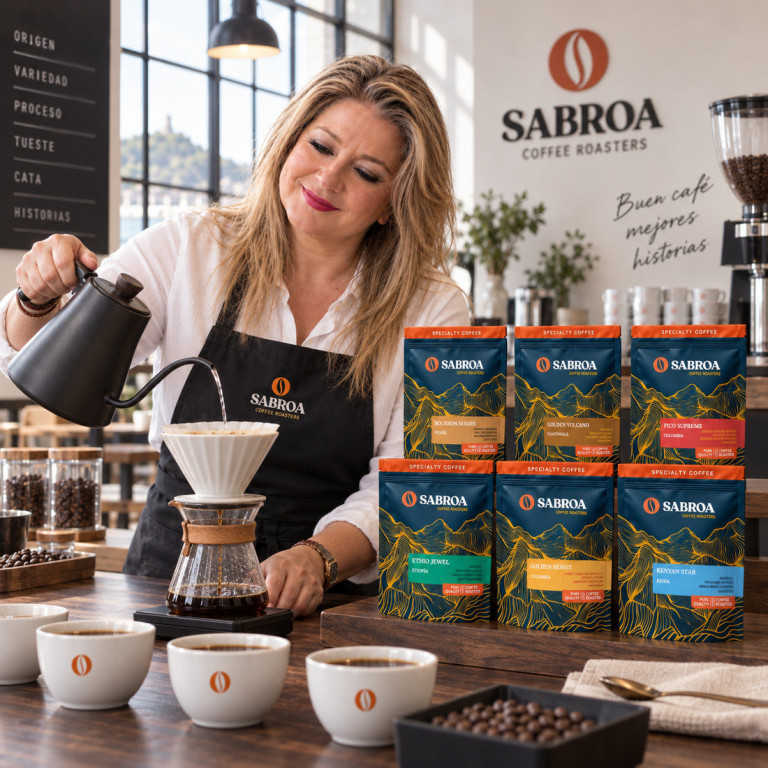 Juana María prepara café junto al pack Mesa de Cata en un espacio de cata con mesa de nogal oscuro