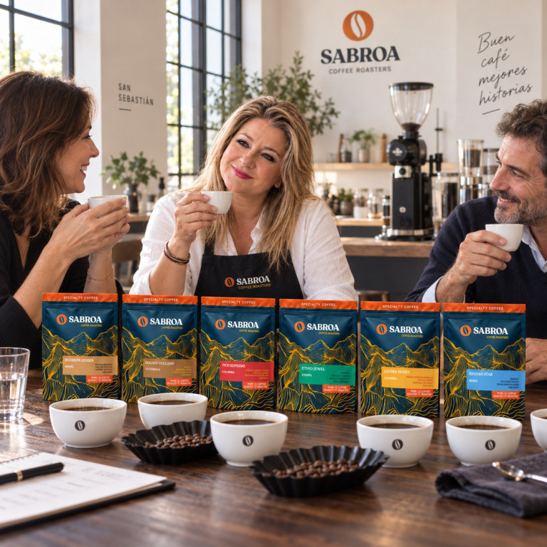 Juana María comparte café con dos amigos junto al pack Mesa de Cata en un espacio de cata con mesa de nogal oscuro