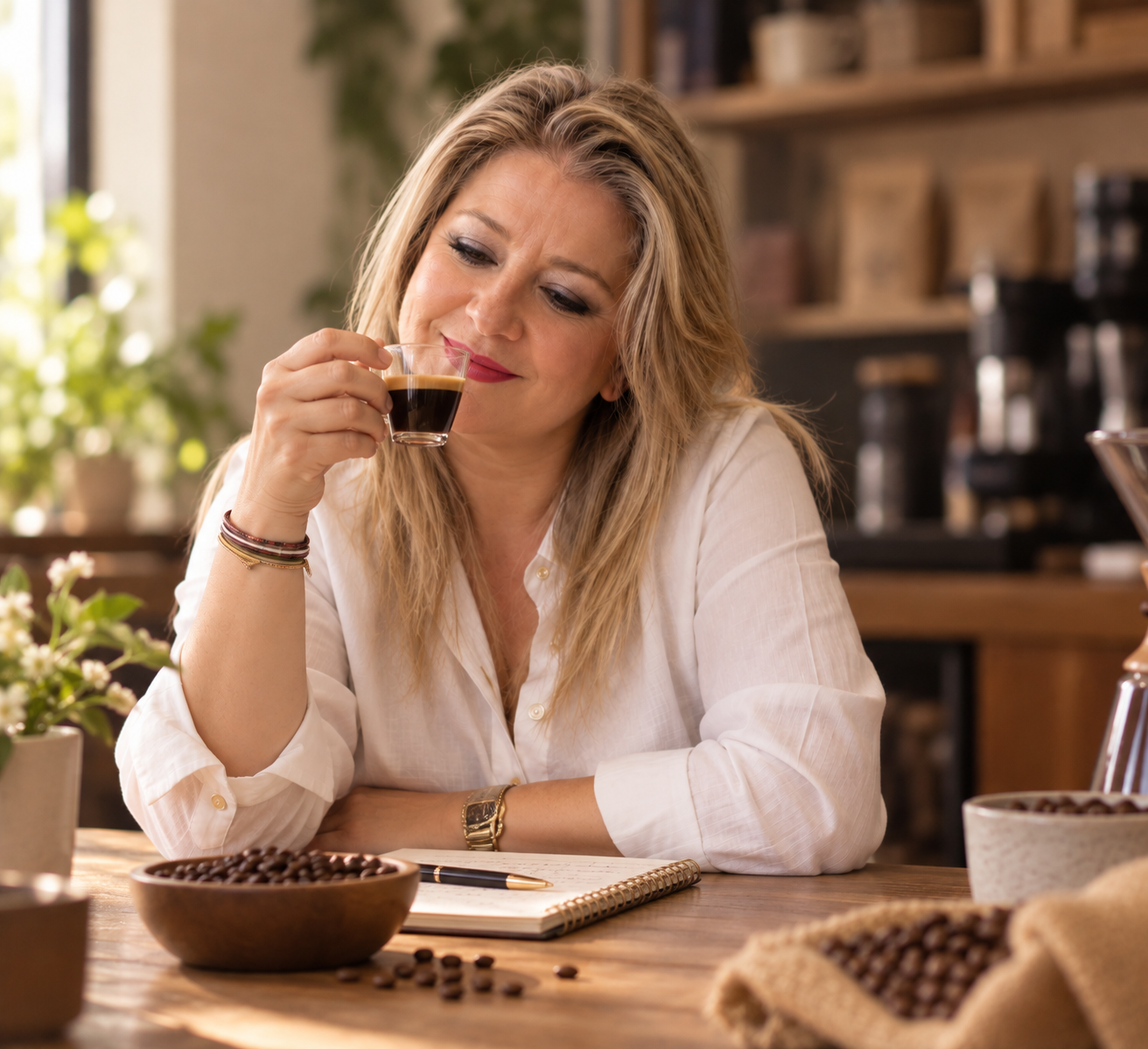 Juana María apreciando un espresso