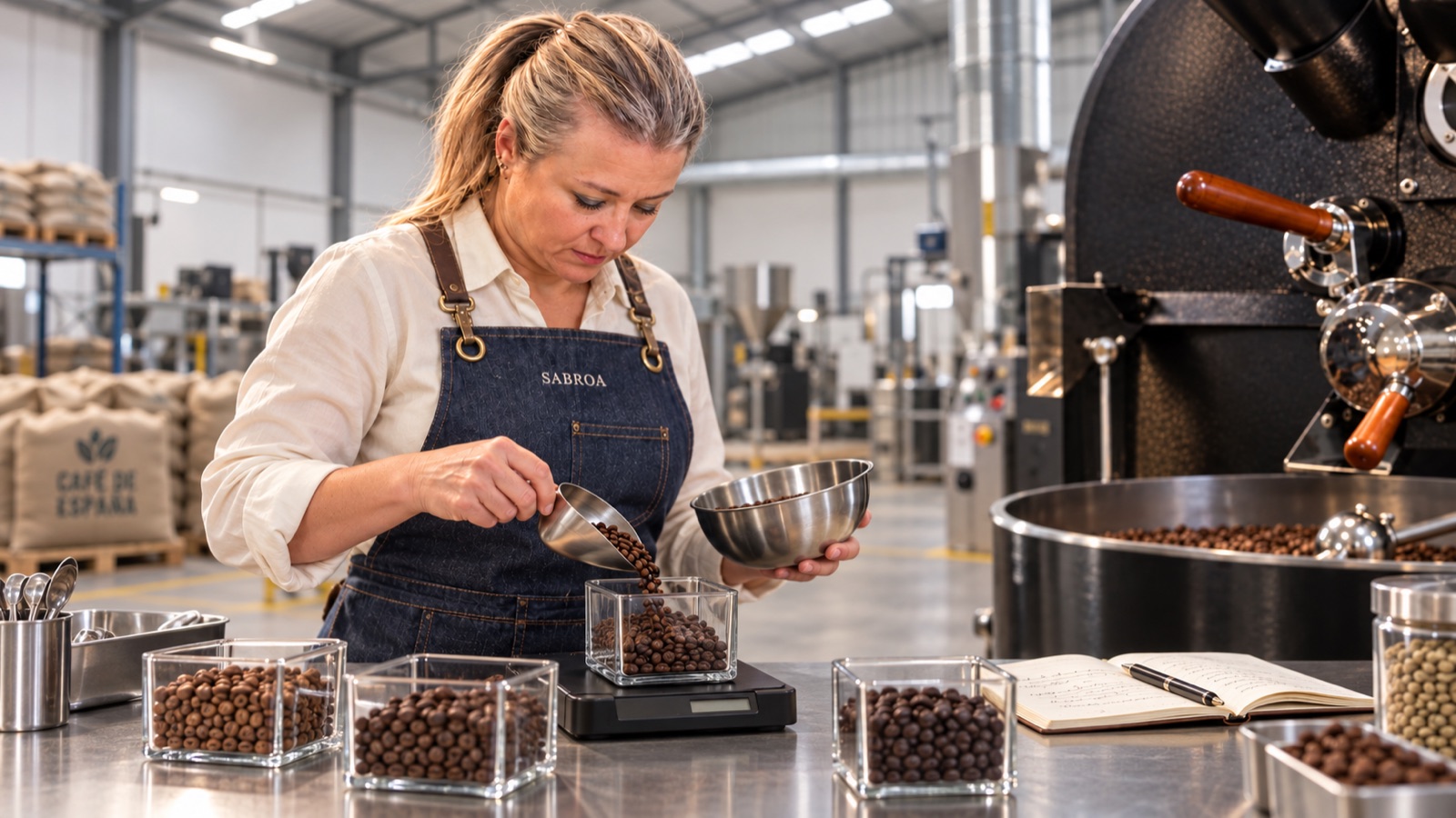 Juana María preparando mezclas de café con su delantal de Sabroa