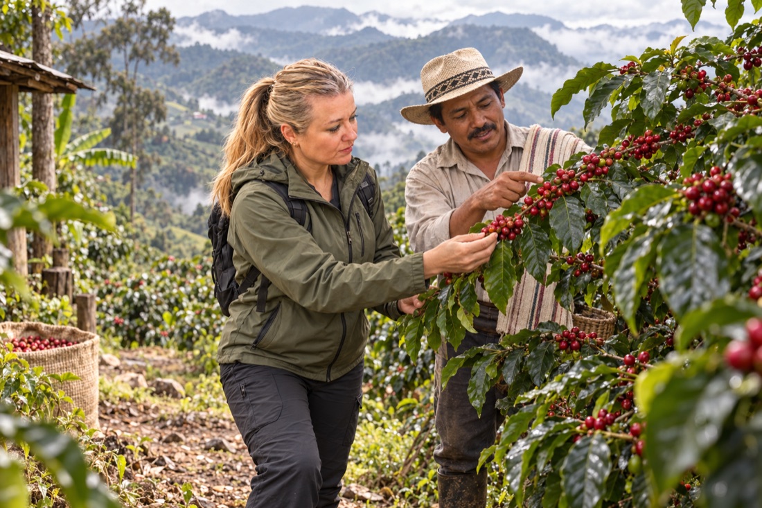 Composición ilustrativa de Juana María descubriendo las cerezas de café junto a un productor en un cafetal de montaña